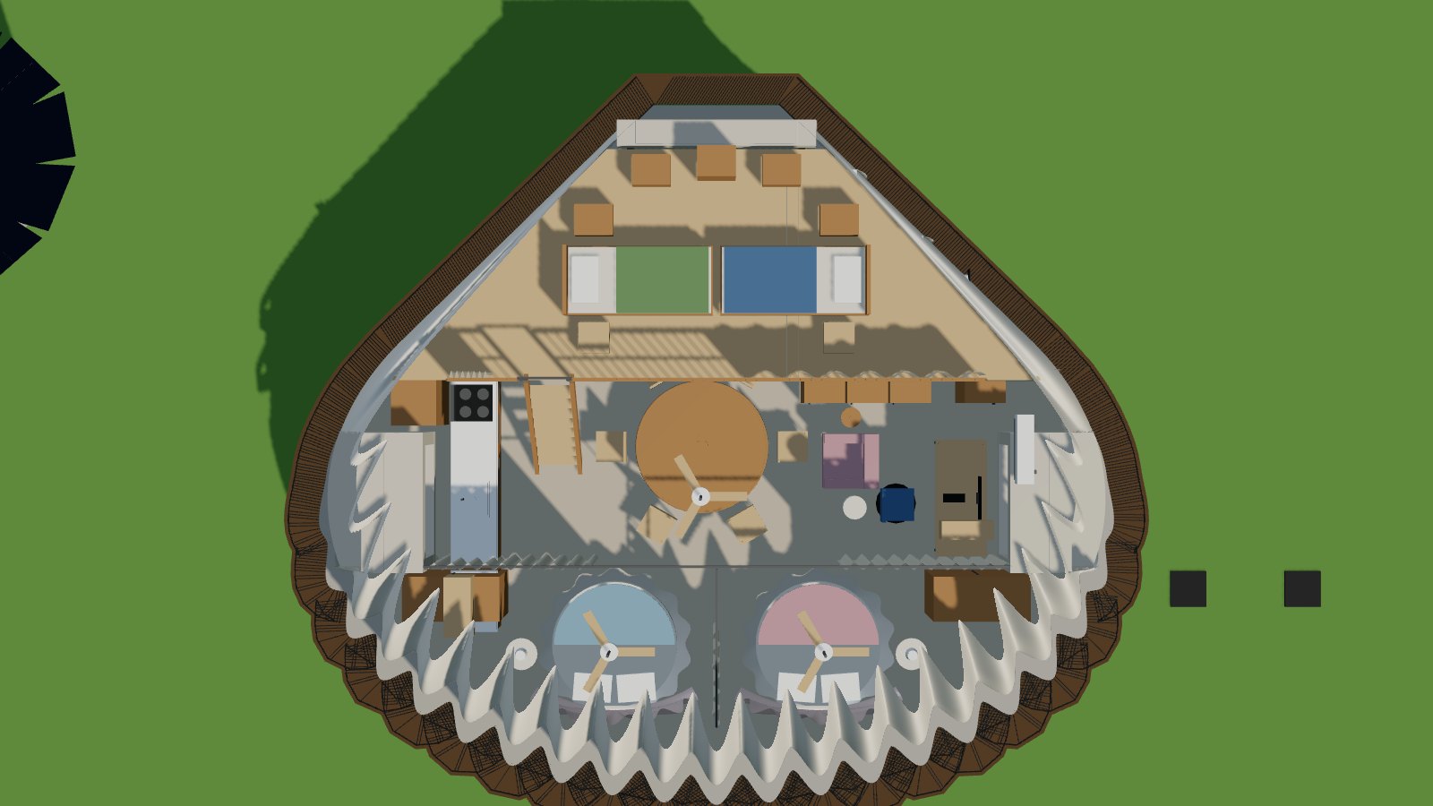Plan view of the Elohim Shell interior in the Luxury configuration, roof removed