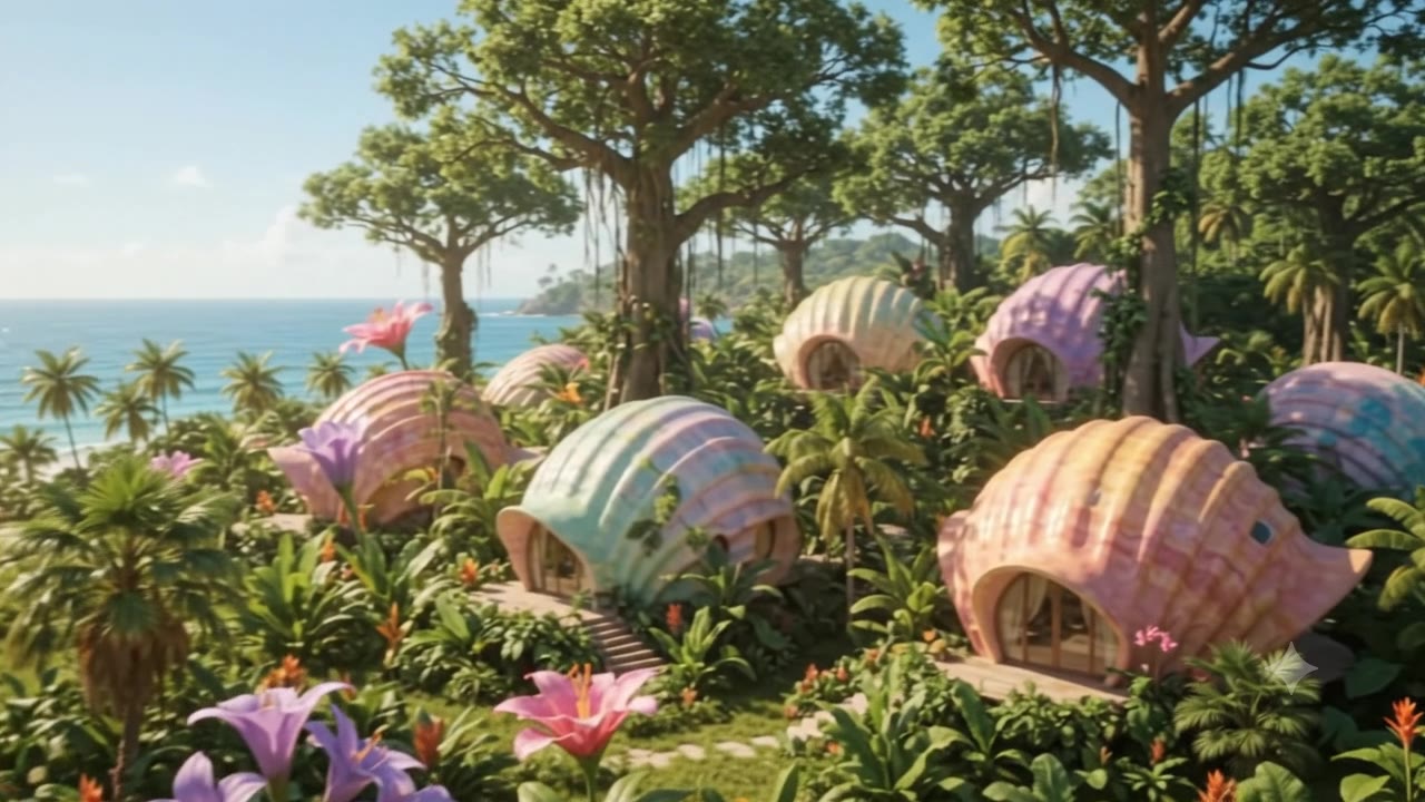 A cluster of ribbed, pastel Elohim Shell dwellings set among palms above a tropical beach
